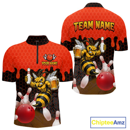Black and Red Funny Bee Beer Bowling quarter zip bowling shirt featuring a funny bee, beer mug and bold black and red hexagon design for men