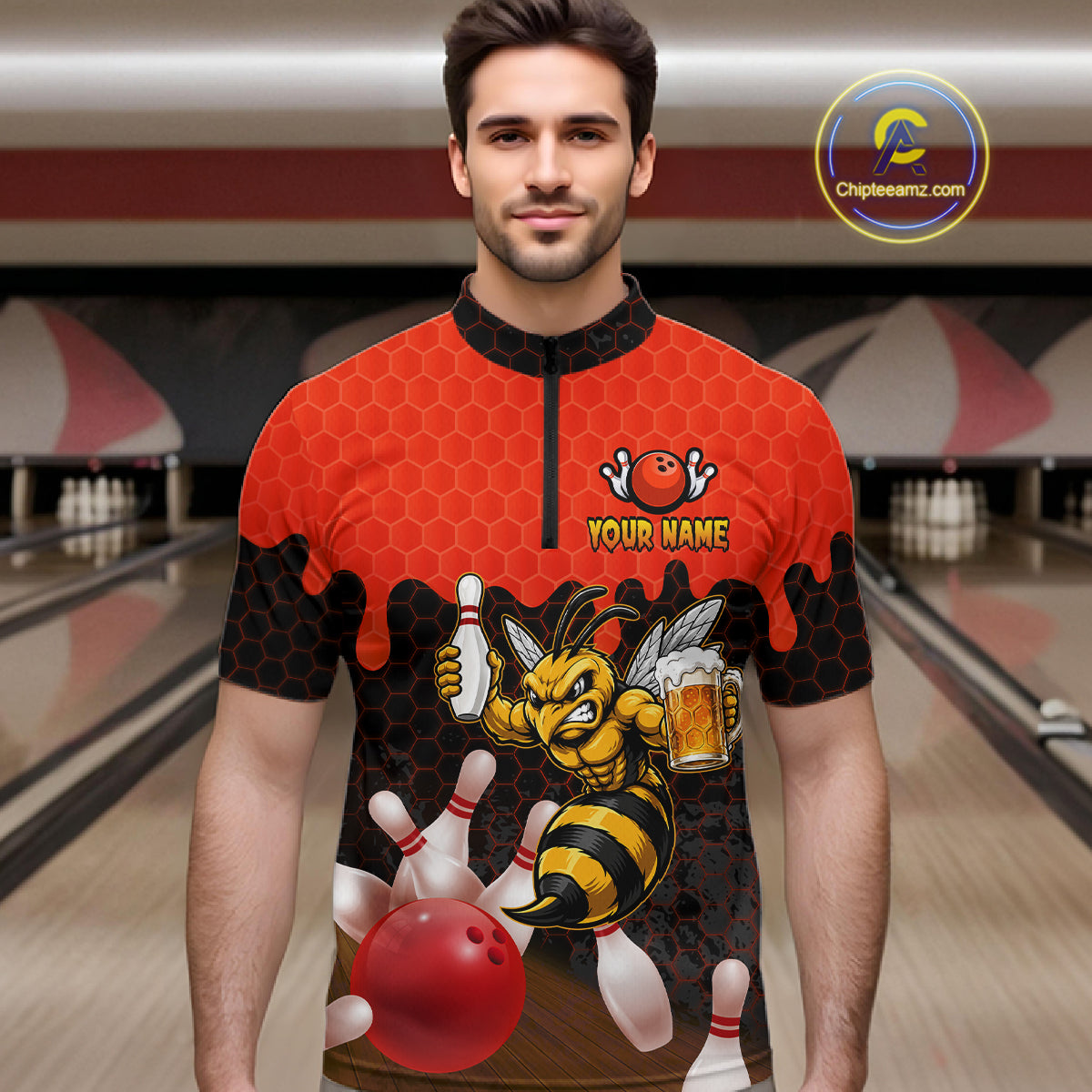 Male model wearing the Black and Red Funny Bee Beer Bowling quarter zip shirt with funny bee and beer themed bowling artwork, front view
