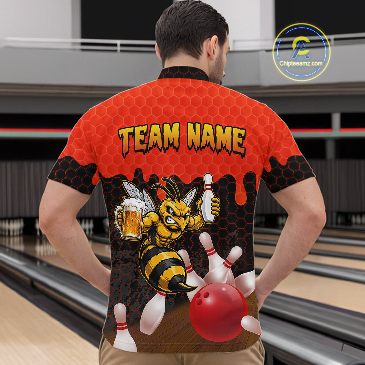 Male model wearing the Black and Red Funny Bee Beer Bowling quarter zip bowling shirt featuring modern red hexagon graphics, back view