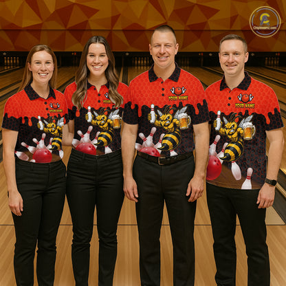 Men's bowling team wearing matching Black and Red Funny Bee Beer Bowling shirts, front view
