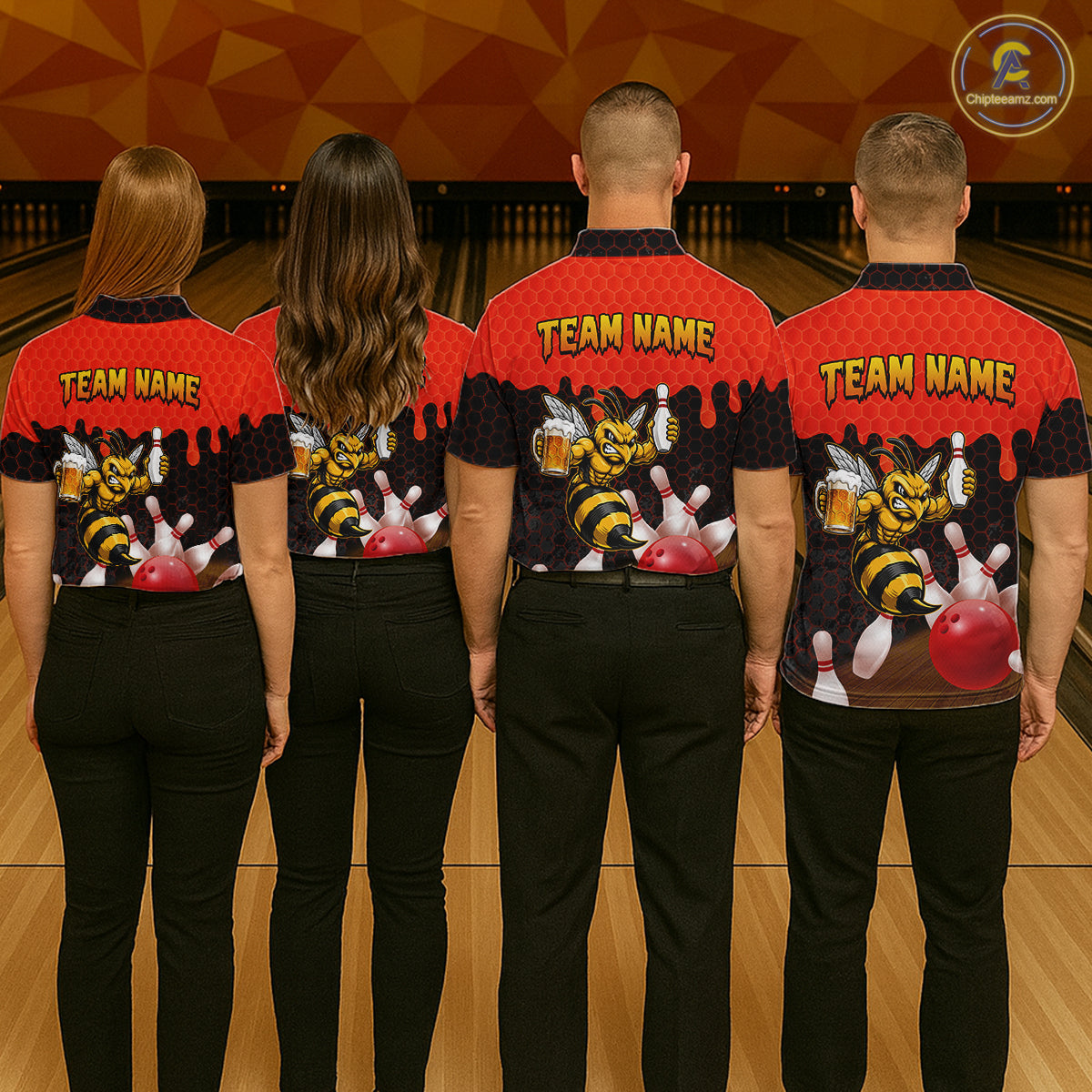 Men's bowling team wearing matching Black and Red Funny Bee Beer Bowling shirts, back view