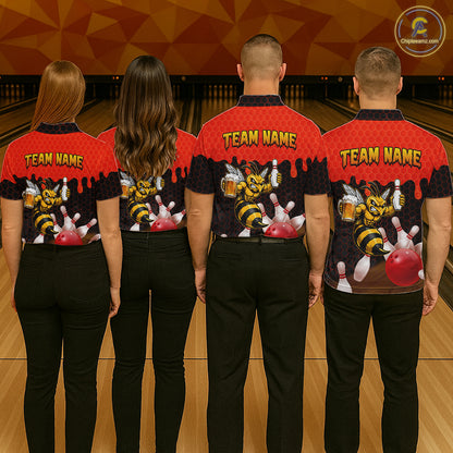 Men's bowling team wearing matching Black and Red Funny Bee Beer Bowling shirts, back view