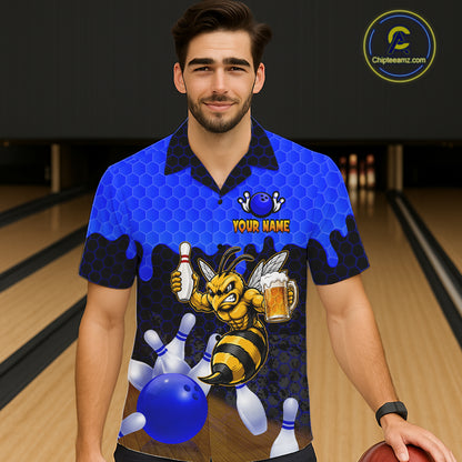 Male model wearing the Black and Blue Funny Bee Beer Bowling Hawaiian shirt featuring a funny bee, beer mug, black and blue hexagon pattern and tropical bowling artwork, front view