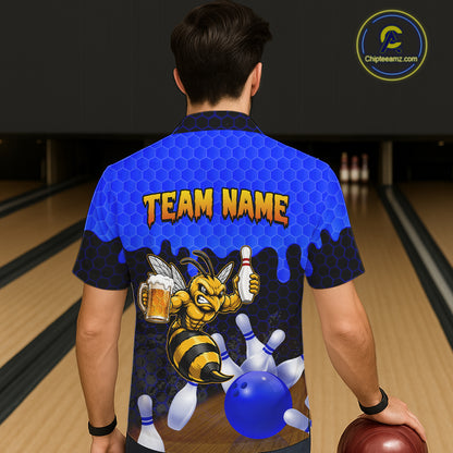 Male model wearing the Black and Blue Funny Bee Beer Bowling Hawaiian shirt with funny bee graphics, beer mug, black and blue tropical bowling design, back view