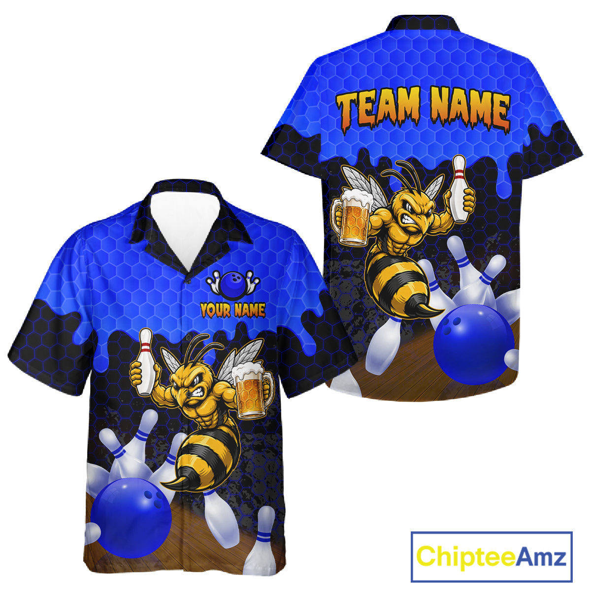 Black and Blue Funny Bee Beer Bowling Hawaiian shirt mockup featuring front and back views with a funny bee holding a beer mug, black and blue hexagon pattern and tropical bowling design for men women