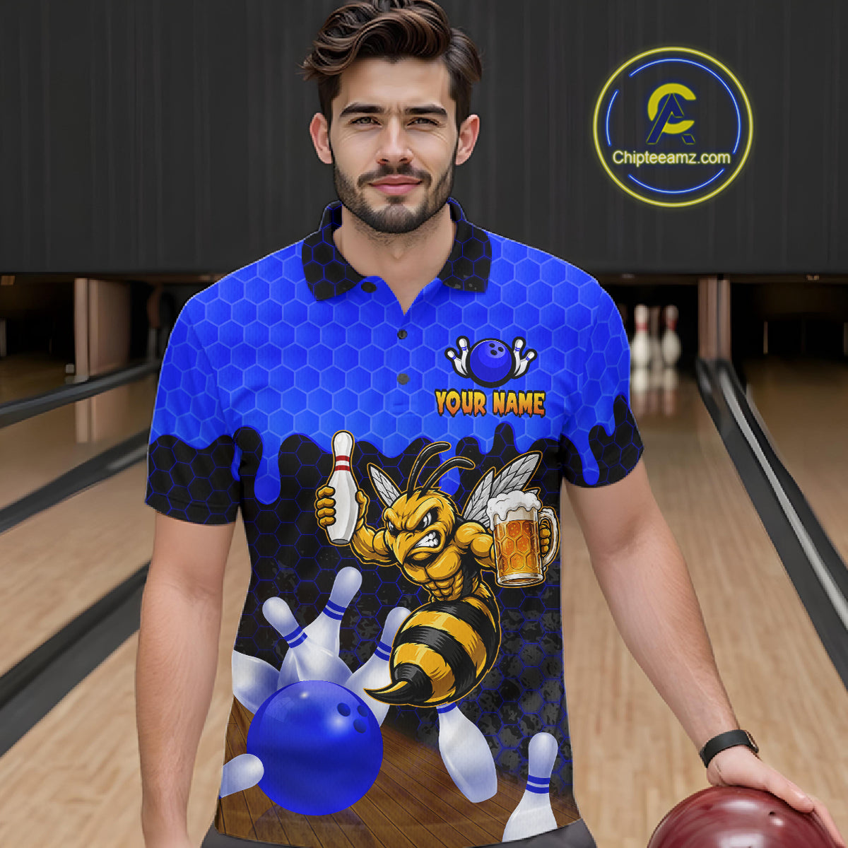 Male model wearing the Black and Blue Funny Bee Beer Bowling polo shirt with funny bee, beer mug and blue hexagon graphics, front view