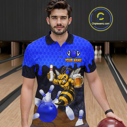 Male model wearing the Black and Blue Funny Bee Beer Bowling polo shirt with funny bee, beer mug and blue hexagon graphics, front view