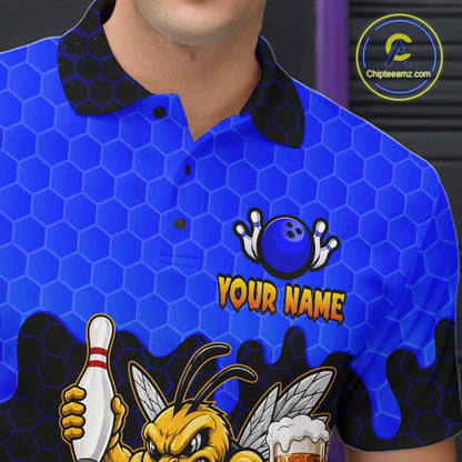 Close-up of the men's Black and Blue Funny Bee Beer Bowling polo shirt highlighting the collar, button placket, chest bee artwork and premium fabric details