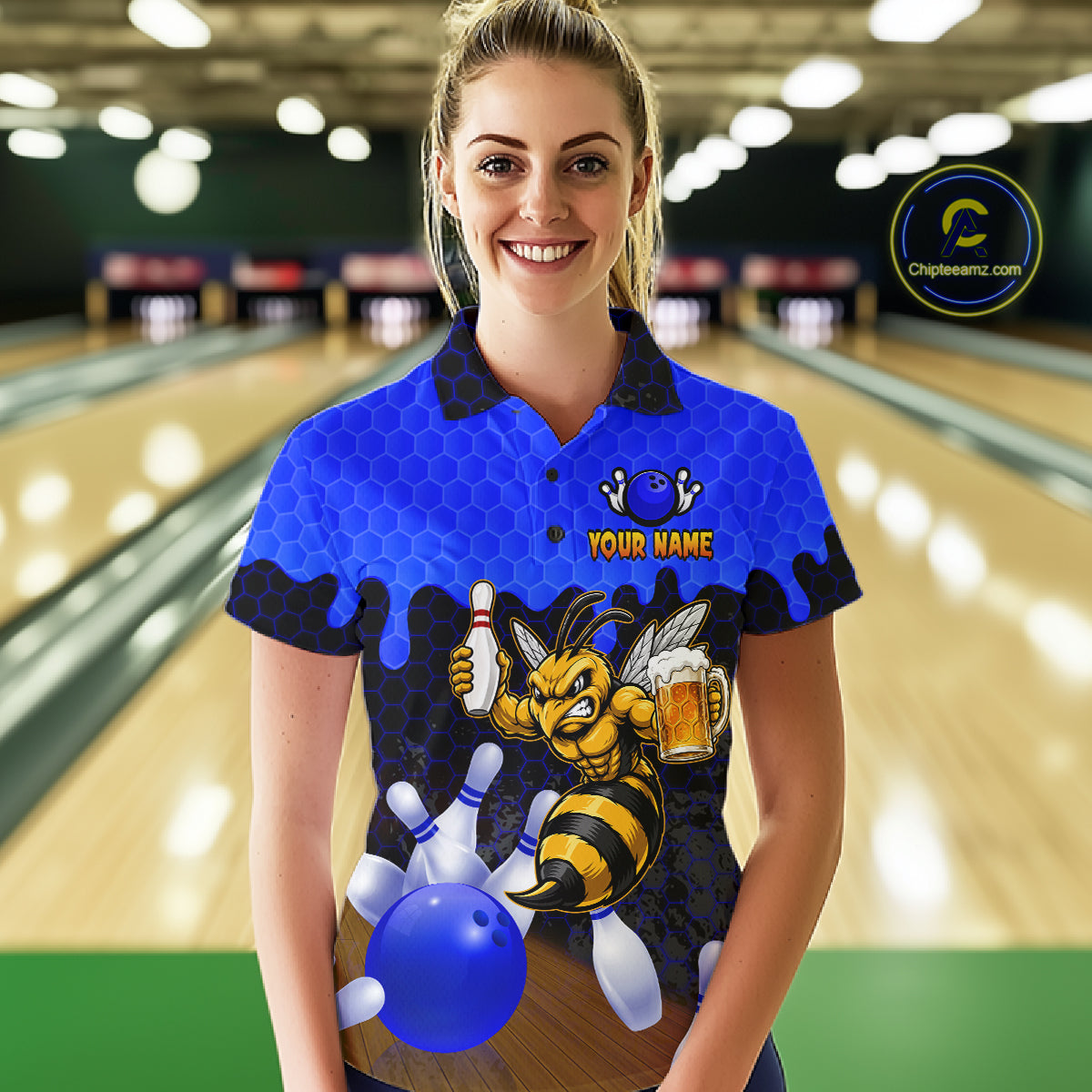 Female model wearing the Black and Blue Funny Bee Beer Bowling polo shirt with funny bee, beer mug and blue hexagon graphics, front view
