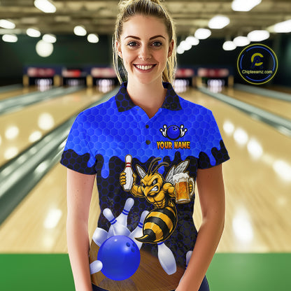 Female model wearing the Black and Blue Funny Bee Beer Bowling polo shirt with funny bee, beer mug and blue hexagon graphics, front view