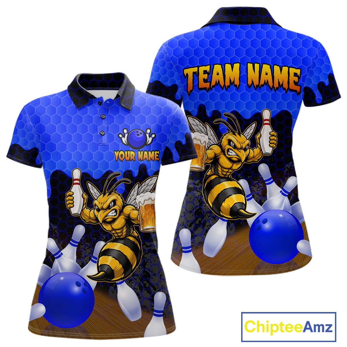 Black and Blue Funny Bee Beer Bowling Shirt design featuring a funny bee holding a beer mug with black, blue and hexagon pattern on a custom polo bowling shirt for women