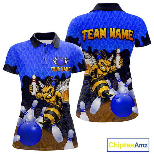 Black and Blue Funny Bee Beer Bowling Shirt design featuring a funny bee holding a beer mug with black, blue and hexagon pattern on a custom polo bowling shirt for women