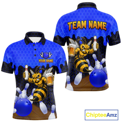 Black and Blue Funny Bee Beer Bowling Shirt design featuring a funny bee holding a beer mug with black, blue and hexagon pattern on a custom polo bowling shirt for men
