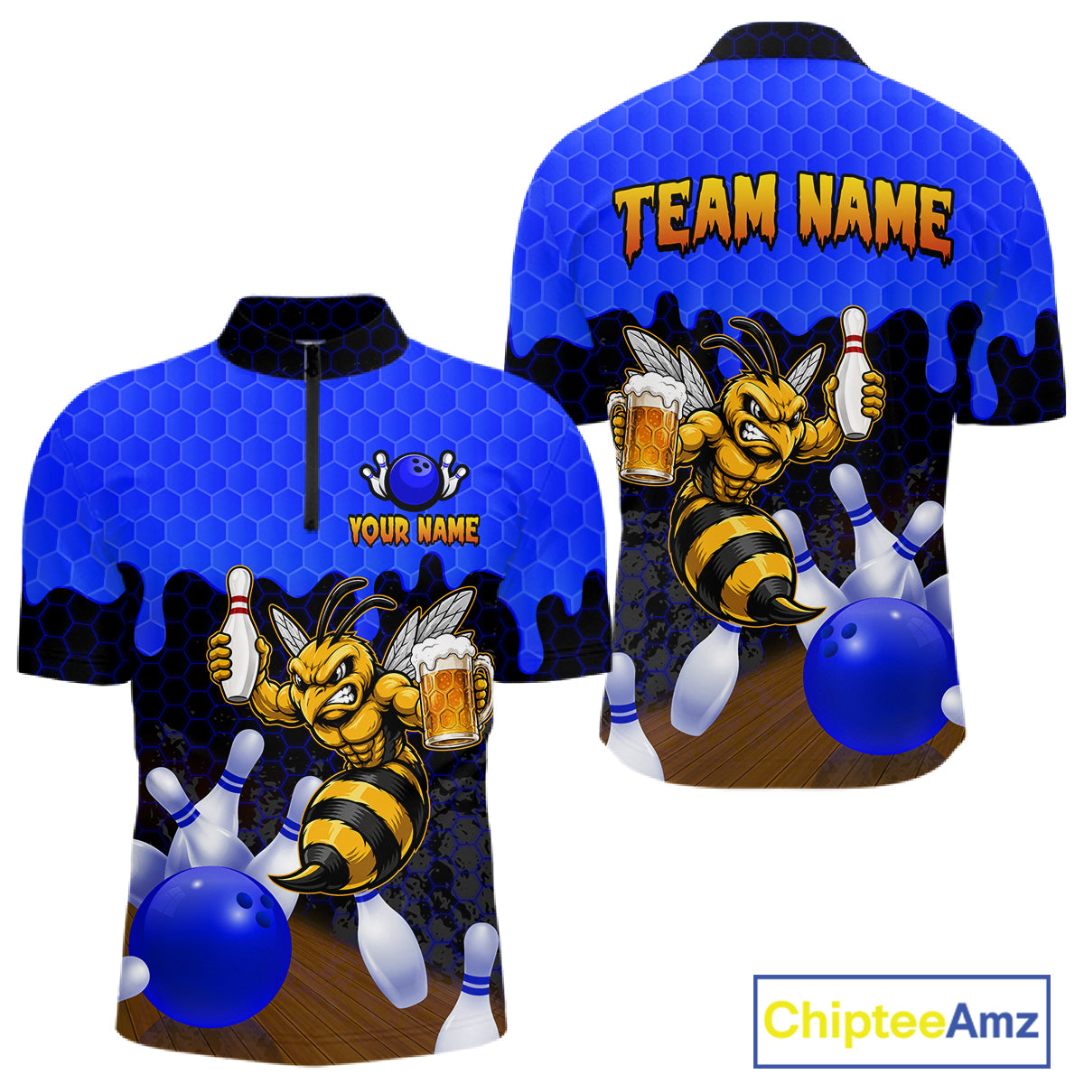 Black and Blue Funny Bee Beer Bowling quarter zip bowling shirt featuring a funny bee, beer mug and bold black and blue hexagon design for men