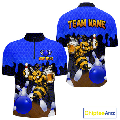 Black and Blue Funny Bee Beer Bowling quarter zip bowling shirt featuring a funny bee, beer mug and bold black and blue hexagon design for men