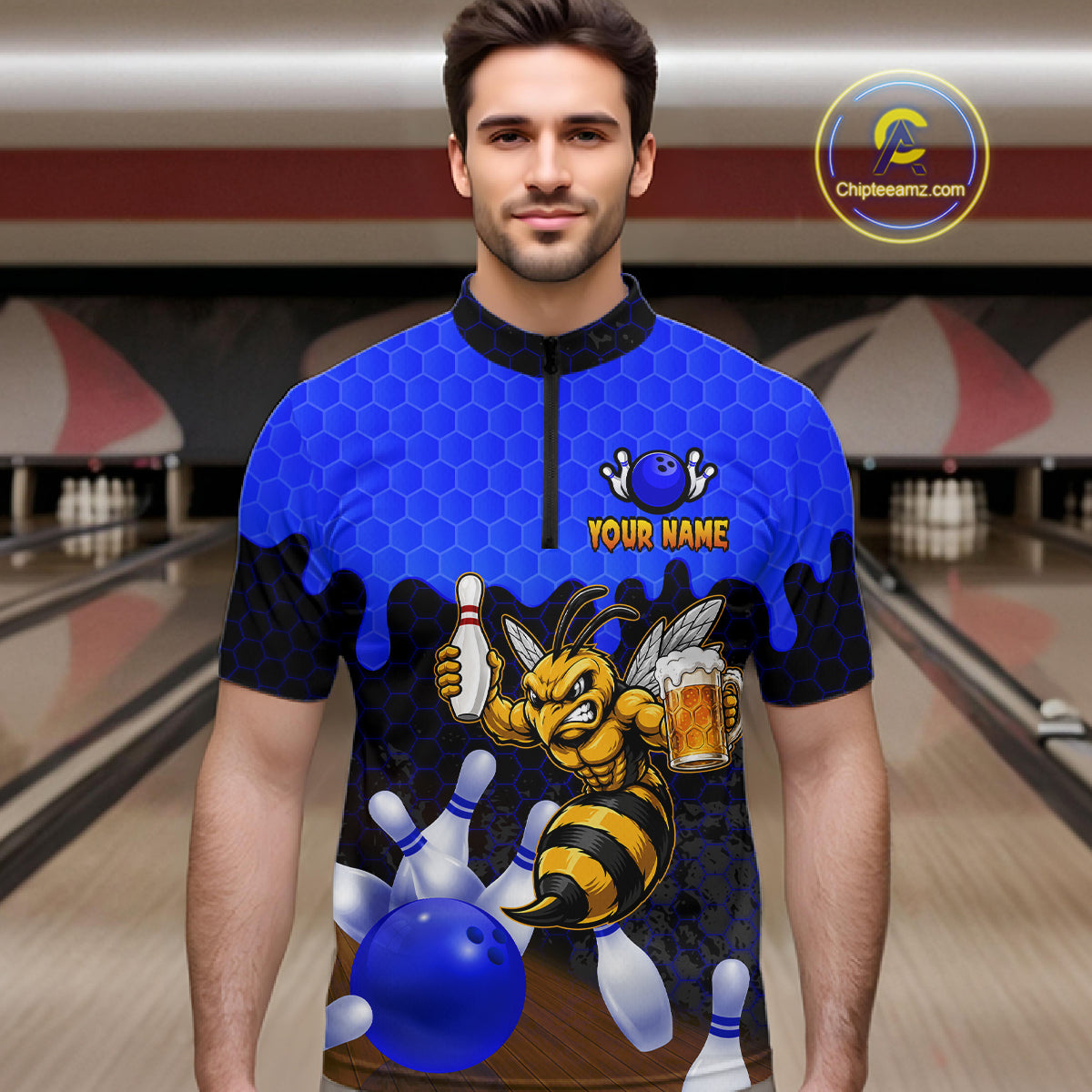 Male model wearing the Black and Blue Funny Bee Beer Bowling quarter zip shirt with funny bee and beer themed bowling artwork, front view