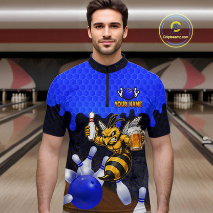 Male model wearing the Black and Blue Funny Bee Beer Bowling quarter zip shirt with funny bee and beer themed bowling artwork, front view