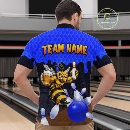 Male model wearing the Black and Blue Funny Bee Beer Bowling quarter zip shirt featuring modern blue hexagon graphics, back view
