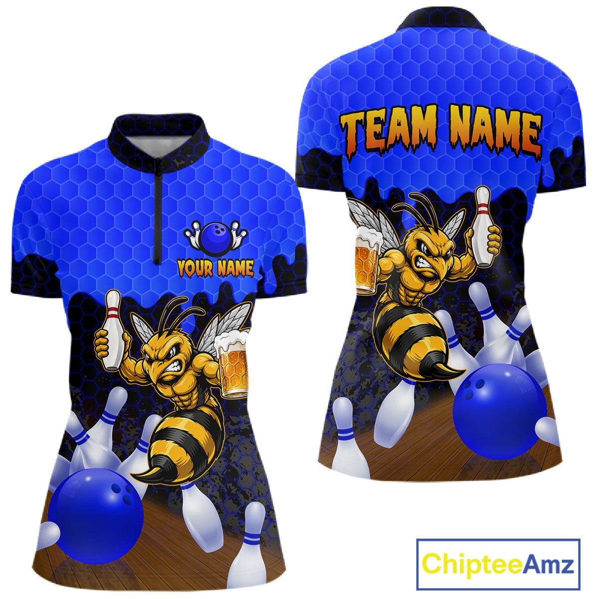 Black and Blue Funny Bee Beer Bowling quarter zip bowling shirt featuring a funny bee, beer mug and bold black and blue hexagon design for women