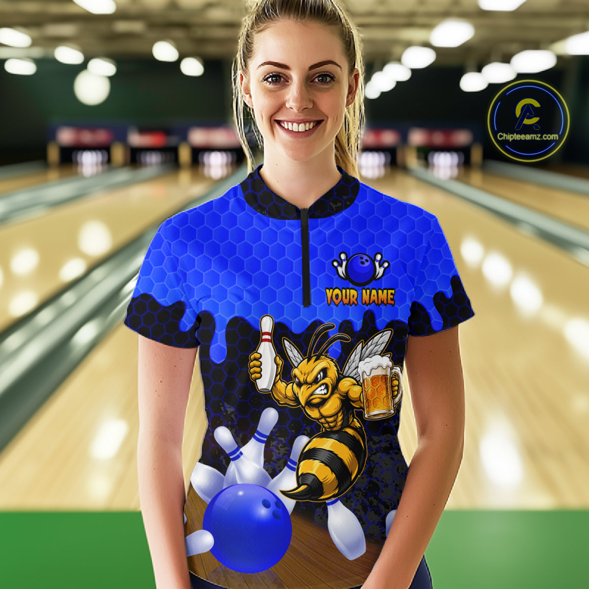 Female model wearing the Black and Blue Funny Bee Beer Bowling quarter zip shirt featuring funny bee and beer themed bowling artwork, front view