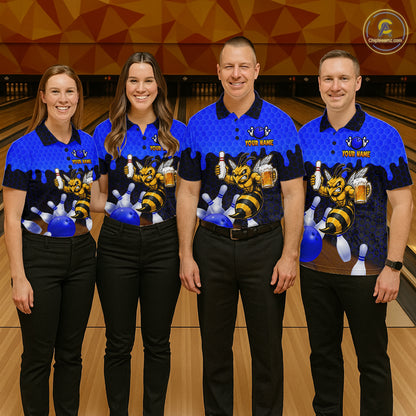 Men's bowling team wearing matching Black and Blue Funny Bee Beer Bowling shirts, front view