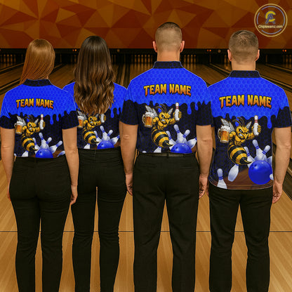 Men's bowling team wearing matching Black and Blue Funny Bee Beer Bowling shirts, back view
