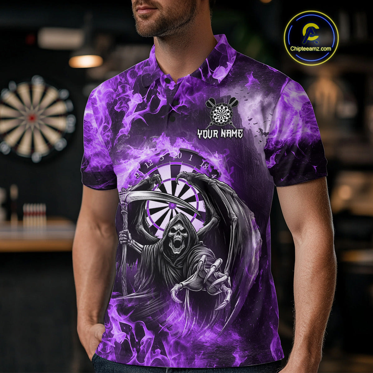Personalized Purple Flaming Grim Reaper Darts Shirt For Men Custom Fire Darts Team Jersey TDM4976