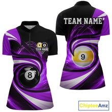 Load image into Gallery viewer, Black and purple 8 ball and 9 ball pool billiard team jersey quarter zip shirt for women featuring premium black and purple artwork, custom pool league apparel for serious billiard players.