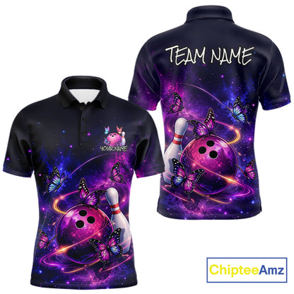 Pink And Purple Butterfly Bowling Shirt For Men Custom Glowing Bowling Jersey Polo & 1/4 Zip TDM6320