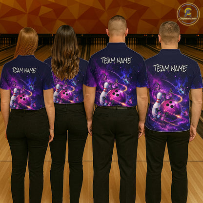 Pink And Purple Butterfly Bowling Shirt For Men Custom Glowing Bowling Jersey Polo & 1/4 Zip TDM6320