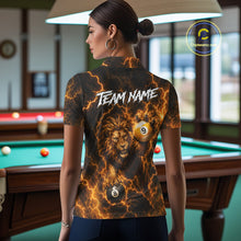 Load image into Gallery viewer, Woman wearing custom yellow lightning lion 8 ball and 9 ball billiard pool team jersey polo shirt featuring the yellow lightning lion design, front view.