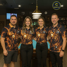 Load image into Gallery viewer, Billiard team wearing matching custom yellow lightning lion 8 ball and 9 ball pool team jerseys featuring premium lion artwork, front view.