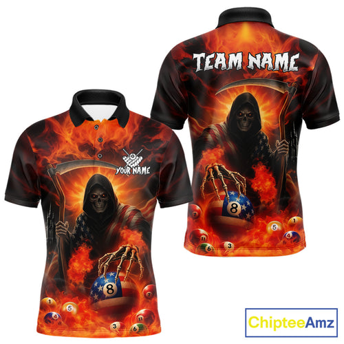 Orange Fire Flame US Flag Grim Reaper Men's Billiards Shirts Custom 8 Ball Pool Team Jersey TDM5200