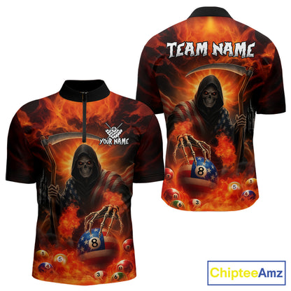 Orange Fire Flame US Flag Grim Reaper Men's Billiards Shirts Custom 8 Ball Pool Team Jersey TDM5200