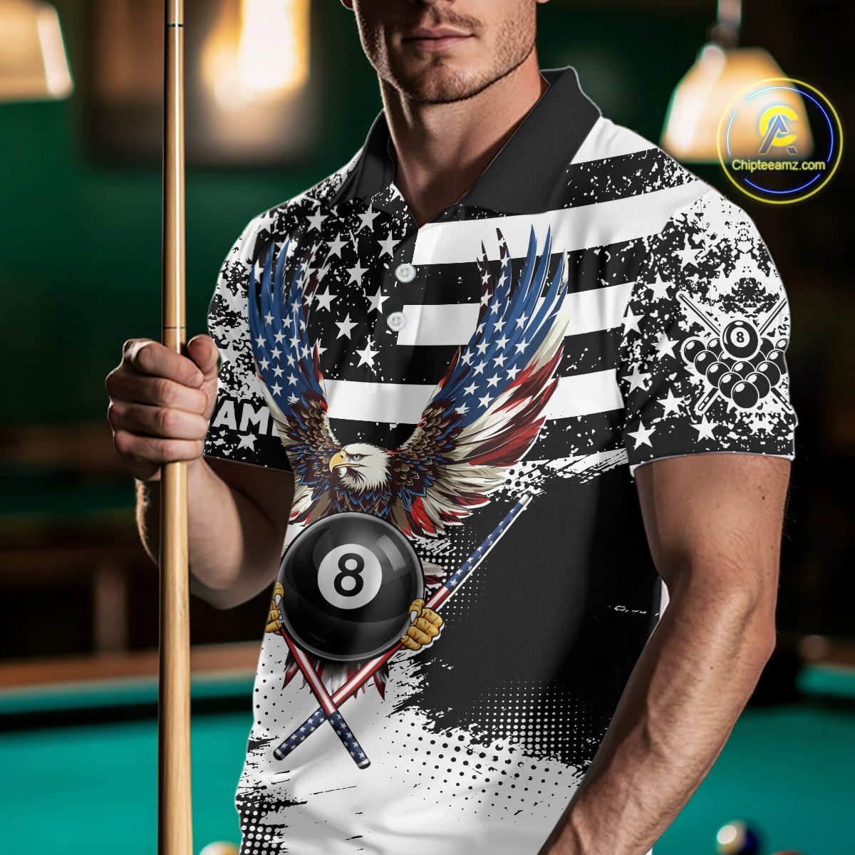 Custom Eagle American Flag 8 Ball Billiard Shirt For Men, Grunge Pool Team Jersey Polo & 1/4 Zip TDM5718