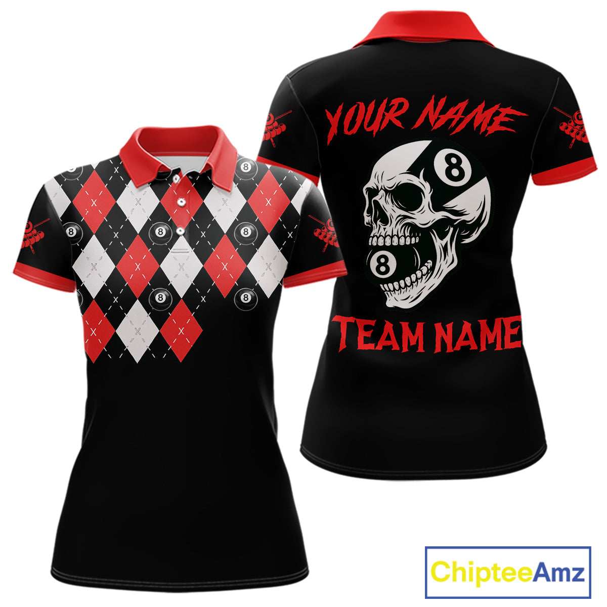 Personalized 8 Ball Pool Skull Argyle Pattern Women's Billiard Shirts, Billiard Team Jersey |Red TDM5719