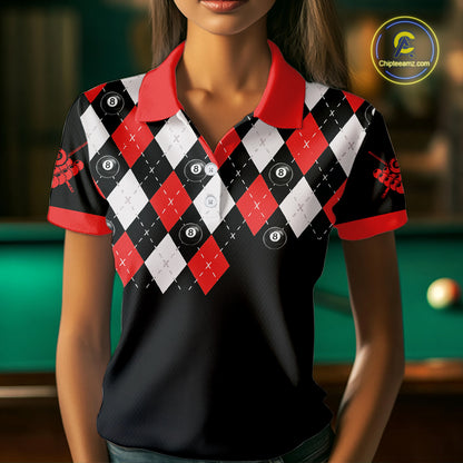 Personalized 8 Ball Pool Skull Argyle Pattern Women's Billiard Shirts, Billiard Team Jersey |Red TDM5719