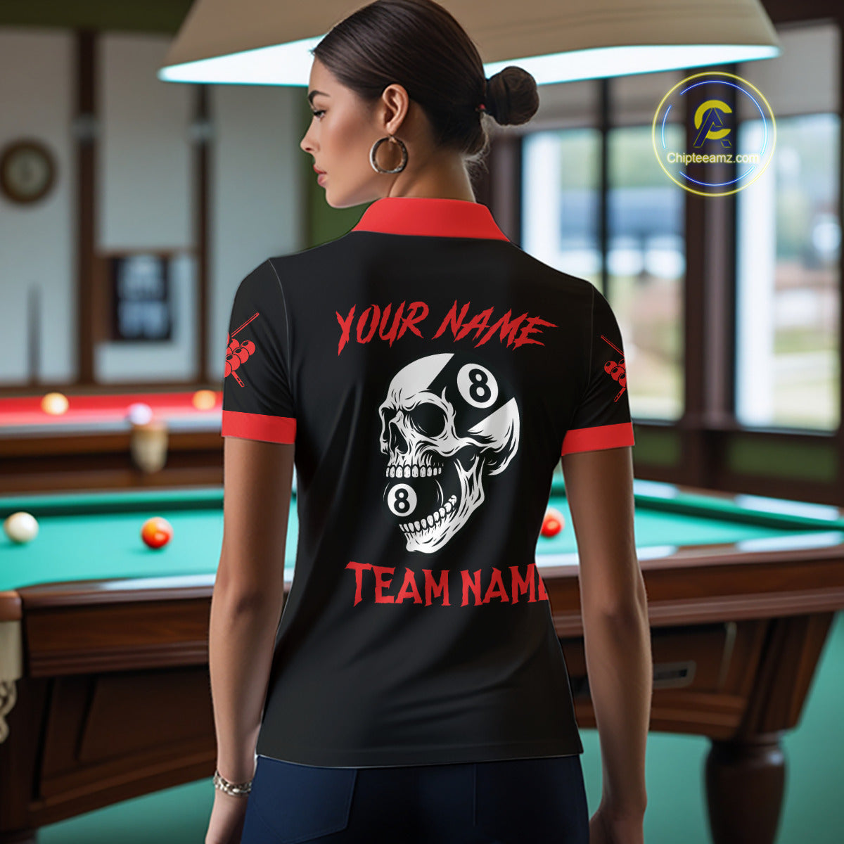 Personalized 8 Ball Pool Skull Argyle Pattern Women's Billiard Shirts, Billiard Team Jersey |Red TDM5719