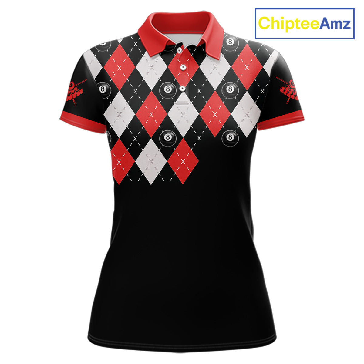 Personalized 8 Ball Pool Skull Argyle Pattern Women's Billiard Shirts, Billiard Team Jersey |Red TDM5719