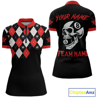 Personalized 8 Ball Pool Skull Argyle Pattern Women's Billiard Shirts, Billiard Team Jersey |Red TDM5719