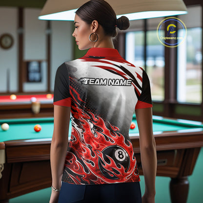 Red Flaming 8 Ball Billiard Jersey Custom Women's Billiard Polo & Quarter Zip, Pool Team Jersey TDM5726