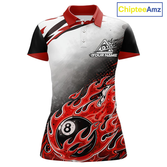Red Flaming 8 Ball Billiard Jersey Custom Women's Billiard Polo & Quarter Zip, Pool Team Jersey TDM5726