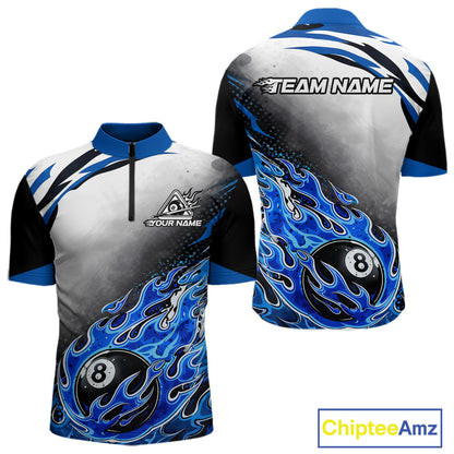 Blue Flaming 8 Ball Billiard Jersey Custom Men's Billiard Polo & Quarter Zip, Pool Team Jersey TDM5725