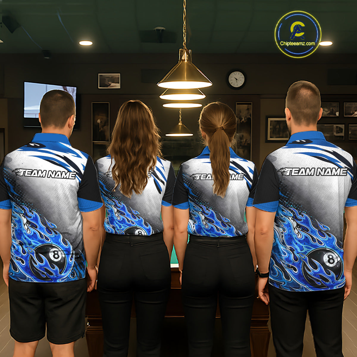 Blue Flaming 8 Ball Billiard Jersey Custom Women's Billiard Polo & Quarter Zip, Pool Team Jersey TDM5725