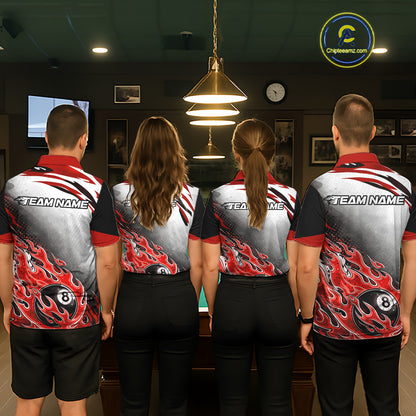Red Flaming 8 Ball Billiard Jersey Custom Women's Billiard Polo & Quarter Zip, Pool Team Jersey TDM5726