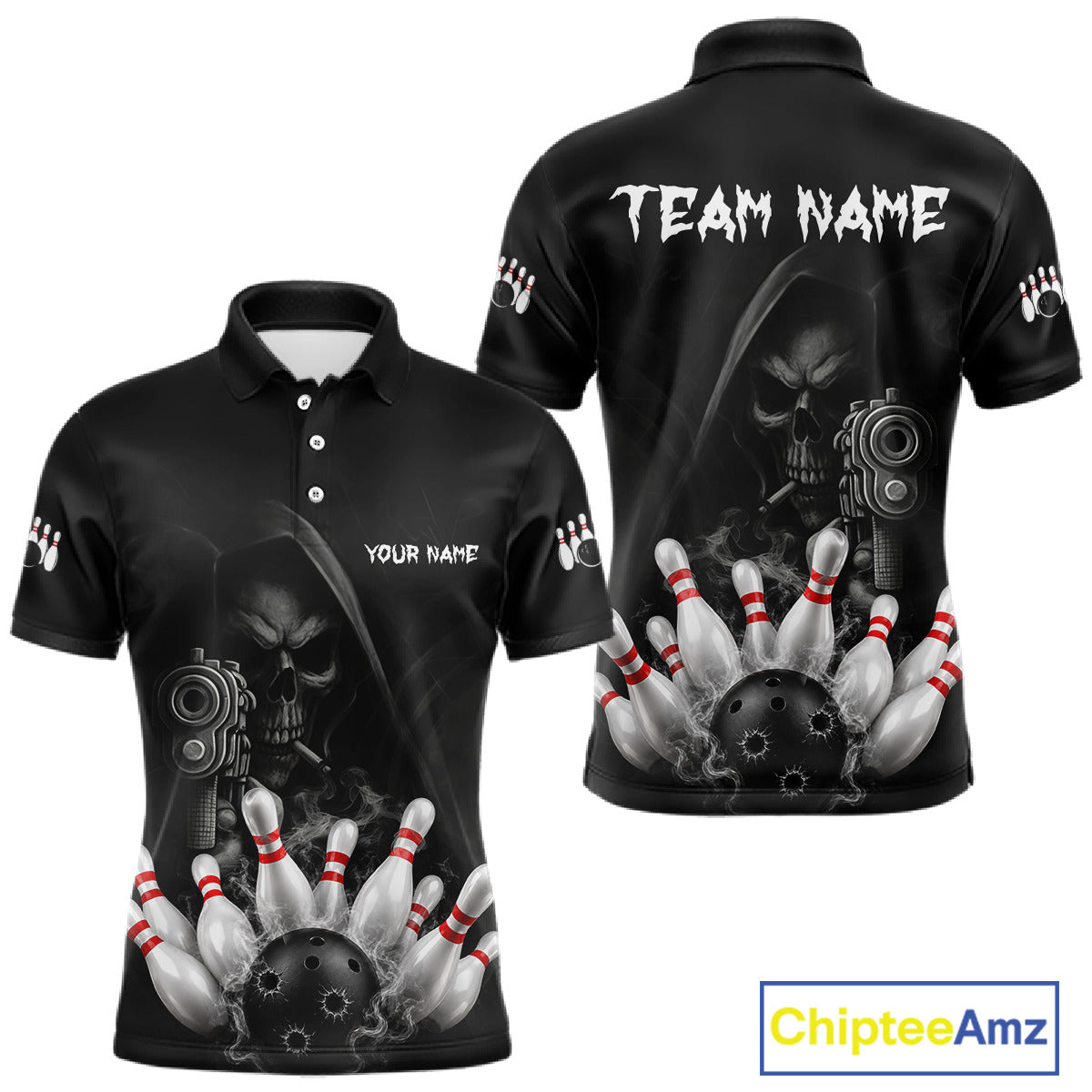 Funny Grim Reaper smoke black bowling team jersey polo shirt for men featuring a dark Grim Reaper with smoky artwork, premium custom bowling league apparel for tournaments and competitive bowling teams.