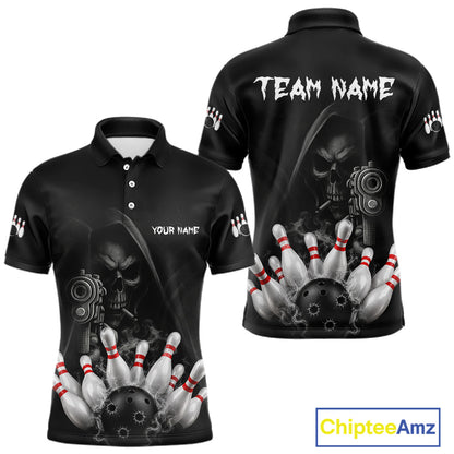 Funny Grim Reaper smoke black bowling team jersey polo shirt for men featuring a dark Grim Reaper with smoky artwork, premium custom bowling league apparel for tournaments and competitive bowling teams.