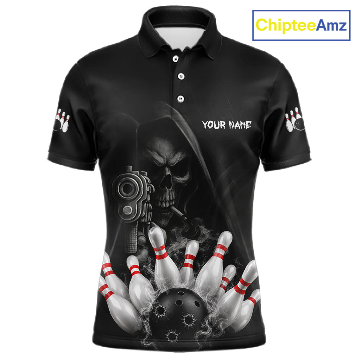 Funny Grim Reaper smoke black bowling team jersey polo shirt for men featuring a dark Grim Reaper with smoky artwork, premium custom bowling league apparel for tournaments and competitive bowling teams.