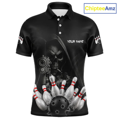 Funny Grim Reaper smoke black bowling team jersey polo shirt for men featuring a dark Grim Reaper with smoky artwork, premium custom bowling league apparel for tournaments and competitive bowling teams.