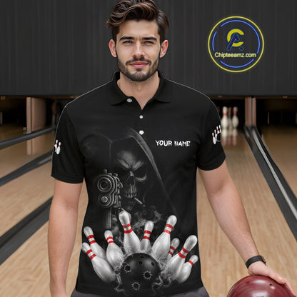 Man wearing funny Grim Reaper smoke black bowling team jersey polo shirt featuring smoky Grim Reaper artwork, front view.